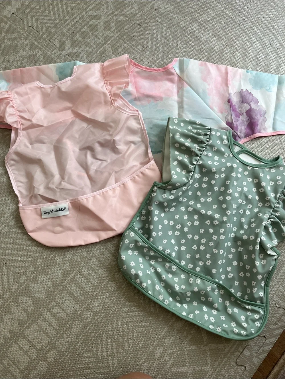 Tiny Twinkles Pink & Sage Floral Kids Bibs - Water-Resistant Sleeved Bibs